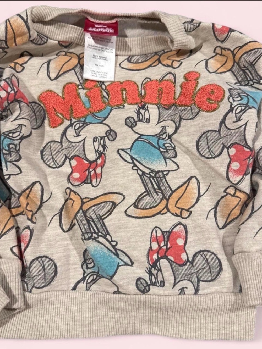Disney Cream Minnie Mouse Sweatshirt with Red Chenille Text and Multicolor Print